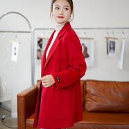 BUTAO女裝雙面羊毛大衣女小個(gè)子新款中長(cháng)韓版顯瘦寬松呢子外套 紅色 M 【建議120-140斤】
