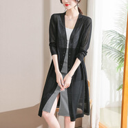 歌米拉（Gemila）冰絲針織開(kāi)衫女薄款中長(cháng)款夏裝新款外搭空調衫外套 黑色  【夏季有貨】 L 【110-120斤】