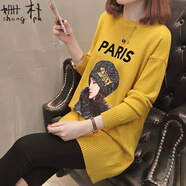 姍樸 加絨加厚針織衫女韓版2020秋冬新款印花寬松顯瘦女學(xué)生休閑時尚百搭中長款長袖字母卡通打底針織衫 黃色不加絨 XL【建議115-130斤】