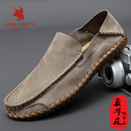 JUNIUBOY春夏季頭層牛皮套腳皮鞋男真皮懶人鞋手工休閑鞋百搭時尚透氣男鞋 卡其色 B-307 41