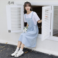 戀的背帶裙衣服女夏季高中生初中生女生裙子夏天學生中長裙連衣裙套裝 藍色吊帶裙+短袖上衣一套 均碼