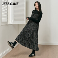 JESSYLINE杰茜萊2024秋季新款黑色上衣長款印花吊帶連衣裙套裝女 商場同款 花灰色 XS/155