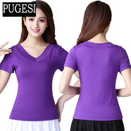 普戈斯廣場(chǎng)舞服裝女V領(lǐng)上衣新款莫代爾T恤跳舞衣服舞蹈短袖練功服 單V領(lǐng)純紫色短袖上衣 XL