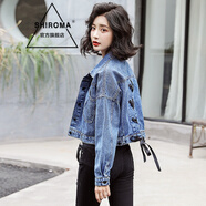 SHIROMA女裝 牛仔短外套女 秋季新款韓版翻領(lǐng)長(zhǎng)袖綁帶顯瘦短款小個(gè)子夾克 牛仔藍(lán) M