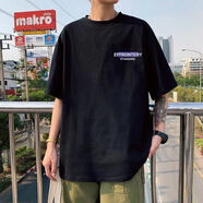 普達(dá)馳100純棉短袖T恤男新款夏季潮流港風(fēng)復(fù)古寬松韓版上衣內(nèi)搭體恤半袖 黑色 胸前 EFF字母 XL
