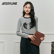 Jessy line杰茜萊灰色字母愛(ài)心正肩T恤女秋新款減齡顯瘦上衣 商場(chǎng)同款 灰色 XS/155