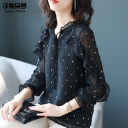 莎妮朵羅加肥加大碼女裝寬松胖mm胖妹妹套頭V領(lǐng)雪紡小香風(fēng)上衣媽媽裝15246 黑色 5XL建議170-180斤穿著