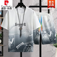 皮爾卡丹（pierre cardin）男士夏季冰絲套裝t恤短袖短褲漸變色休閑運(yùn)動(dòng)衣服男裝兩件套針織 灰色 /宇航員【1套裝】 XL 碼【130斤內(nèi)】