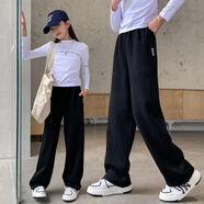 木依木花女童加絨運動(dòng)褲秋冬裝兒童寬松闊腿褲小女孩冬季褲子中大童直筒褲 黑色【春秋單褲】 160 cm