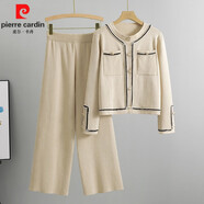 皮爾卡丹（pierre cardin）2024春秋款韓國(guó)時(shí)尚氣質(zhì)圓領(lǐng)針織開衫套裝女洋氣顯瘦小香風(fēng)兩件裝 杏色 均碼