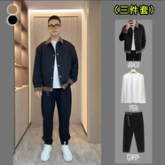 軒森圖春秋季男士輕熟風夾克外套男款寬松大碼拼接撞色上衣胖子顯瘦搭配 jk505黑色3件套 L (170) 建議120-140斤