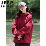 JEEP SPIRIT美式?jīng)_鋒衣外套女春秋高級感寬松休閑百搭雙拉鏈連帽夾克風(fēng)衣女潮 紅色 XL