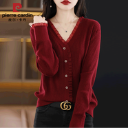 皮爾卡丹蕾絲舒適打底衫女秋冬季2025新款龍年本命年衣服內搭紅色針織毛衣 酒紅色 4XL (155-170斤)