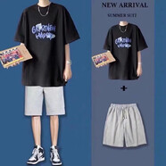 嘉曄（JIAYE）潮牌休閑運動(dòng)短袖短褲兩套夏季t恤套裝男潮男搭配一套衣服帥氣 T28+Z01黑T灰褲 XL
