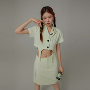 CHUU字母刺繡短袖西裝女裝2025夏季新款辣妹掛帶短款小西服外套 薄荷綠 均碼