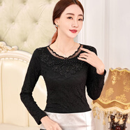 PHJ秋冬新款女裝蕾絲打底衫女長(cháng)袖韓版德絨加厚上衣中年洋氣內搭小衫 黑色 -薄款 6XL