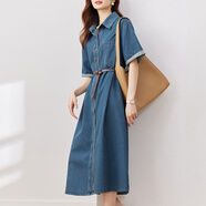 尚都比拉牛仔連衣裙女夏季高級感氣質(zhì)休閑寬松中長款短袖裙子 牛仔藍 XL