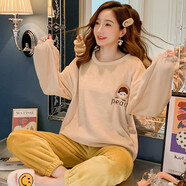 聚喜萊睡衣女冬季長袖珊瑚絨加厚學(xué)生套裝冬天保暖韓版可愛卡通女士休閑加大碼家居服可外穿 黃色蘋果女孩 L碼（100-115斤）
