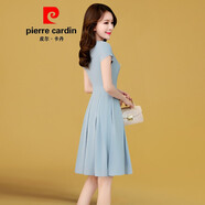 皮爾卡丹官方高檔女裝夏季雪紡連衣裙女2022年新款小個(gè)子收腰顯瘦溫柔氣質(zhì)淑女裙子夏天高檔高端大氣針織 淺藍色 160/M