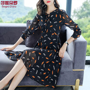 莎妮朵羅連衣裙春裝新品2025顯瘦款雪紡遮肚子碎花長(zhǎng)袖大裙擺中長(zhǎng)裙15294 黑色 4XL建議170-180斤穿著