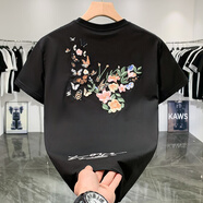 倫都爵時(shí)尚潮牌夏季新款國潮刺繡短袖t恤男青年休閑百搭半袖高中生體恤 黑色 L 【適合100-115斤】