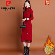 皮爾卡丹（pierre cardin）配外套的內搭針織連衣裙女秋冬新款中長(cháng)款過(guò)膝蕾絲打底加絨毛衣裙 紅色【加絨加厚】 L 建議100-115斤
