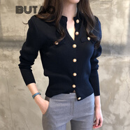 BUTAO女裝緊身針織開衫女短款薄款修身春秋新款復(fù)古長袖小外套上衣 黑色 M 【建議115斤以下】