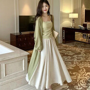 茵藍彩（YINLANCAI）長袖開衫抽褶西裝裙仙女半身裙女長裙2025春夏季新款時尚三件套 綠背心+綠開衫+杏半身裙 L 【110-120】