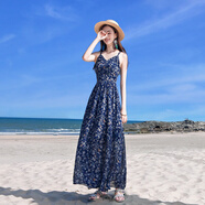 拓澀（TUOSE）碎花吊帶連衣裙女夏新款雪紡大擺長裙無袖修身顯瘦海邊度假沙灘裙 圖片色 S