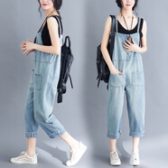 蘑菇同學(xué)牛仔背帶褲女牛仔褲女夏季新款韓版九分褲女寬松減齡吊帶連體褲 淺藍色 XL【130-150斤】