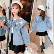酷萌晨晨童裝春秋季女童牛仔外套8-9-10小女孩韓版花邊牛仔衣6-12歲兒童時(shí)尚休閑牛仔夾克外套 藍色 150建議身高140-150cm左右微胖再拍大一碼