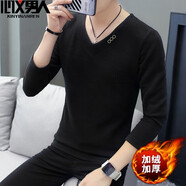 費洛仕新款秋冬季長(cháng)袖T恤男加絨加厚上衣服V領(lǐng)針織衫保暖秋裝潮流衛衣男 黑色加絨款 M （90-105斤）