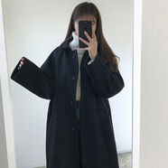 亞貝梵毛呢外套女中長(zhǎng)款韓版原宿風(fēng)2020新款寬松秋冬裝呢子大衣學(xué)生上衣 黑色龍鳳呢面料 S