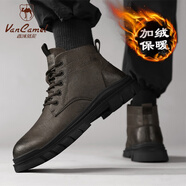 西域駱駝（VANCAMEL）軟皮馬丁靴男冬季高幫工裝靴英倫風(fēng)真皮中幫皮鞋男士加絨保暖棉鞋 棕色-加絨款 41