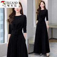 啄木鳥(niǎo)初秋高端貴夫人闊腿褲裙套裝女春秋收腰垂感職業(yè)連體褲兩件裝 黑色 M  建議斤內