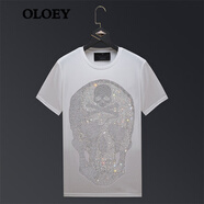 OLOEY 香港潮牌骷髏頭燙鉆短袖t恤男夏季新款潮流半袖修身大碼冰絲T恤 07白色 XL