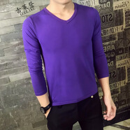 楠子漢#秋裝男士長(zhǎng)袖t恤純色薄款男土打底衫圓領(lǐng)修身秋衣上衣內(nèi)穿衣服男 長(zhǎng)袖V 紫色 L碼建議105-125斤
