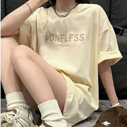 野原琳美式夏季上衣女設(shè)計感小眾oversize港味復(fù)古純棉短袖T恤女ins風(fēng) 杏色 M