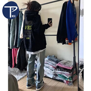 PMOG秋冬黑色衛(wèi)衣女oversize潮牌小眾美式復(fù)古正肩加絨情侶裝外套 黑色[薄款] M 86-105斤