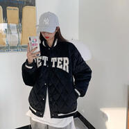 元樂(lè )申大碼女裝秋冬新款日系菱格情侶棒球服外套男女胖mm寬松夾克棉衣潮 黑色335【男女同款】 XL