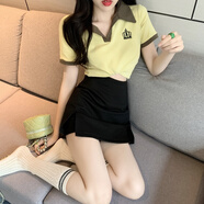 歐若婷雅輕熟風(fēng)辣妹兩件套韓版時尚氣質(zhì)新款連衣裙女裝套裝2025夏季裙子女 芥末綠上衣+黑裙 M