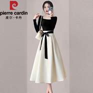 皮爾卡丹（pierre cardin）小香風(fēng)黑白撞色連衣裙女2025年秋季新款ol通勤大擺裙 黑色 2XL 【130-145斤】