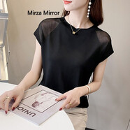 Mirza Mirror冰絲針織衫女短袖圓領(lǐng)黑色2024年夏新款鏤空寬松t恤氣質(zhì)薄款上衣 黑色 L 110-125斤
