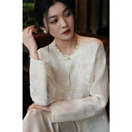笑涵閣【真絲歐根紗】尋春花 立體提花剪花蕾絲 朦朧美感新中式外套 琉璃白. XL