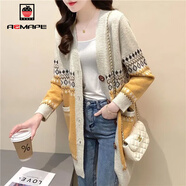 AEMAPE針織衫女2025春秋冬季中長(cháng)款開(kāi)衫寬松顯瘦氣質(zhì)毛衣外套加厚上衣 6365米杏色（民族風(fēng)）大開(kāi)衫 2XL