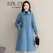 SIN.CYC女裝千鳥(niǎo)格毛呢大衣女中長(cháng)款秋冬裝娃娃領(lǐng)紅色格子女士外套潮 藍色 M