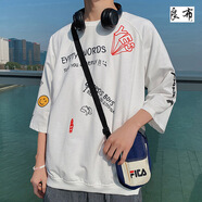宗獅猴七分袖原宿bf風(fēng)ins半袖潮流7分袖衣服寬松中袖TEE個(gè)性學(xué)生體恤 白色 L