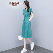 子牧棉麻夏裝 女氣質(zhì)V領(lǐng)中長(cháng)款裙子收腰顯瘦短袖連衣裙5878 孔雀藍 M(建議100斤以?xún)?