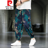 皮爾卡丹（pierre cardin）民族風(fēng)泰國大象印花休閑褲男沙灘夏季亞麻寬松褲子黑白花紋哈倫褲 K101綠色-冰絲 3XL