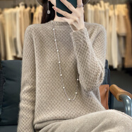 鄂爾呼倫鄂爾多產(chǎn)冬季純羊絨衫女士100山羊絨半高領(lǐng)加厚毛衣打底針織衫 原絨駝 XL